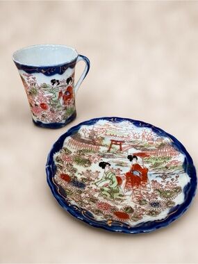 5 / $40 Vintage 1950s Japanese Geisha Tea Cup & Plate Porcelain Set Blue